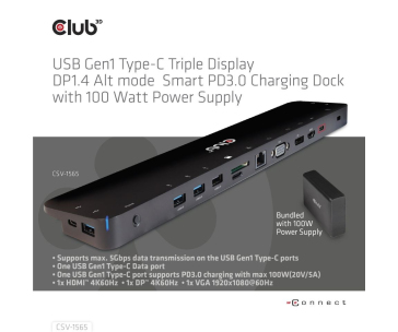 Club3D Dokovací stanice USB-C, Triple Display DP 1.4 Alt mode Smart PD3.0 Charging Dock with 100 Watt PS