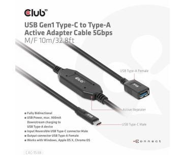 BAZAR - Club3D Kabel USB-C na USB-A, Aktivní adaptér/kabel, 5 Gbps (M/F), 10m - Rozbaleno (Komplet)