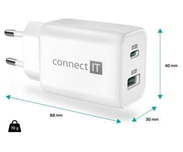 CONNECT IT Wanderer2 GaN nabíjecí adaptér 1×USB-C + 1xUSB-A, 33W PD, bílá