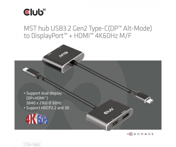 Club3D hub MST (Multi Stream Transport) USB3.2 Gen2 Type-C(DP Alt-Mode) na DisplayPort + HDMI 4K60Hz (M/F)