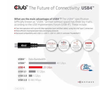 Club3D kabel USB4 Gen2x2 Typ-C, Oboustranný USB-IF Certifikovaný data kabel, Data 20Gbps, PD 240W(48V/5A) EPR M/M 2m