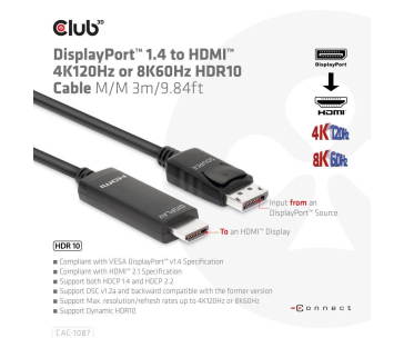 Club3D kabel DP 1.4 na HDMI, 4K120Hz nebo 8K60Hz HDR10, M/M, 3m