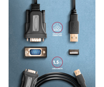 AXAGON ADS-1PQN, USB-A 2.0 - sériový RS-232 DB9-M FTDI adaptér / kabel 1.5m