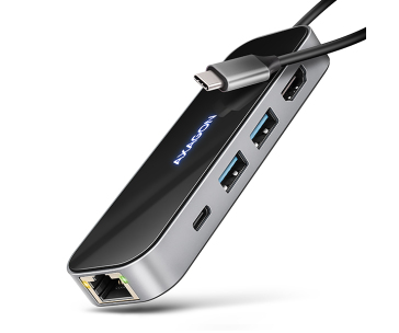 AXAGON HMC-6GLN, USB 5Gbps hub, 2x USB-A, USB-C, HDMI 4k/60Hz, RJ-45 GLAN, PD 100W, kabel USB-C 20cm