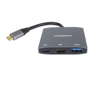 PremiumCord adaptér USB-C na HDMI, USB3.0,  PD, rozlišení 4K a FULL HD 1080p