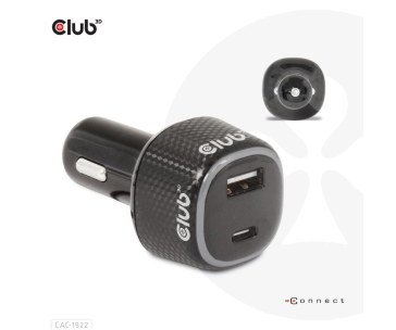 Club3D Auto nabíječka pro Notebooky 63W, 2 porty (USB-A + USB-C)