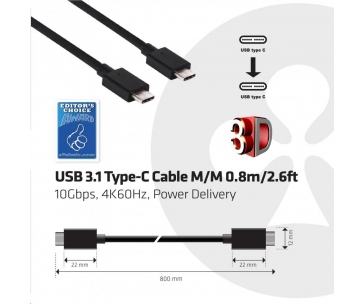 Club3D Kabel USB 3.1 typ C Gen2 4K60Hz UHD Power Delivery 100W, (M/M), 80cm