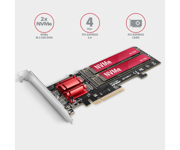 AXAGON PCEM2-ND, PCIe x8 řadič - 2x M.2 NVMe M-key slot, RAID, podpora desek bez bifurkace, vč. LP