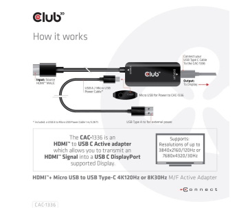 Club3D Adaptér HDMI + Micro USB na USB-C 4K120Hz/8K30Hz, Active Adapter M/F