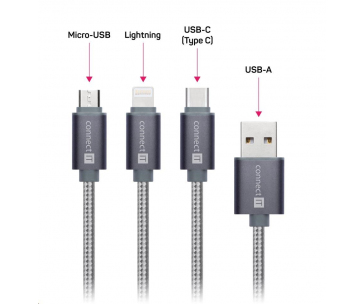 CONNECT IT Wirez 3in1 USB-C & Micro USB & Lightning, silver gray, 1,2 m