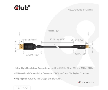 Club3D Kabel USB-C na DisplayPort 2.1, 10K60Hz, DSC1.2, UHBR10, 1m