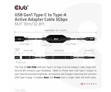 BAZAR - Club3D Kabel USB-C na USB-A, Aktivní adaptér/kabel, 5 Gbps (M/F), 10m - Rozbaleno (Komplet)