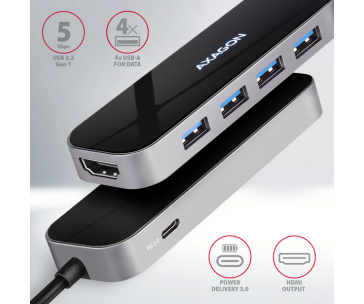 AXAGON HMC-6H4A, USB 3.2 Gen 1 hub, porty 4x USB-A, HDMI 4k/30Hz, PD 100W, kabel USB-C 20cm