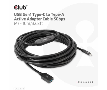 BAZAR - Club3D Kabel USB-C na USB-A, Aktivní adaptér/kabel, 5 Gbps (M/F), 10m - Rozbaleno (Komplet)