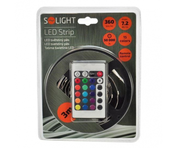 Solight LED světelný pás, RGB, 3m, sada s 12V adaptérem a dálk. ovladačem, 7,2W/m, IP20