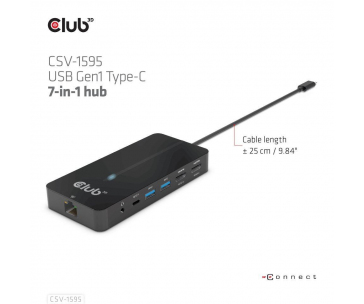 Club3D hub USB-C, 7-in-1 hub s 2x HDMI, 2x USB Gen1 Type-A, 1x RJ45, 1x 3.5mm audio, 1x USB Gen1 Type-C, 100W PD