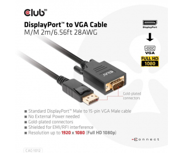 Club3D kabel DP na VGA, M/M, 2m, 28 AWG