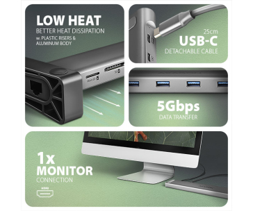 AXAGON HMC-10HLS, USB 5Gbps hub, 4x USB-A, HDMI 4k/60Hz, RJ-45 GLAN, SD/mSD, PD 100W, kabel USB-C 25cm