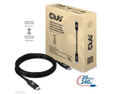 Club3D kabel USB4 Gen2x2 Typ-C, Oboustranný USB-IF Certifikovaný data kabel, Data 20Gbps, PD 240W(48V/5A) EPR M/M 2m