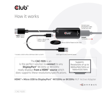 Club3D Adaptér HDMI + Micro USB na DisplayPort 4K120Hz/8K30Hz, Active Adapter M/F