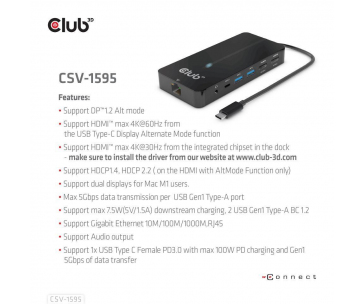 Club3D hub USB-C, 7-in-1 hub s 2x HDMI, 2x USB Gen1 Type-A, 1x RJ45, 1x 3.5mm audio, 1x USB Gen1 Type-C, 100W PD