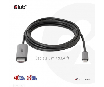 Club3D kabel USB-C na HDMI, 4K120Hz 8K60Hz HDR10 s DSC1.2, Aktivní kabel, M/M, 3m